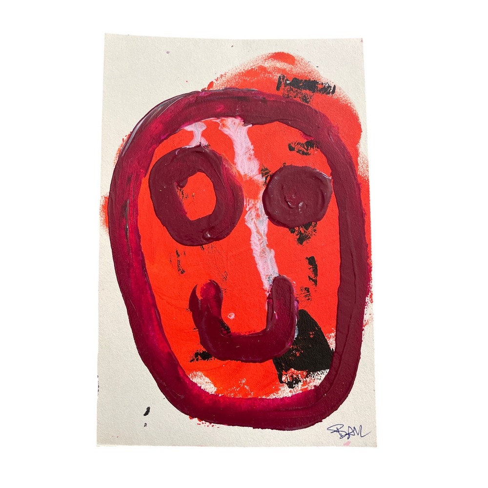 Original Abstract Face Portrait Painting Red Mix Media Neo-Expressionism 5.5x8.5
